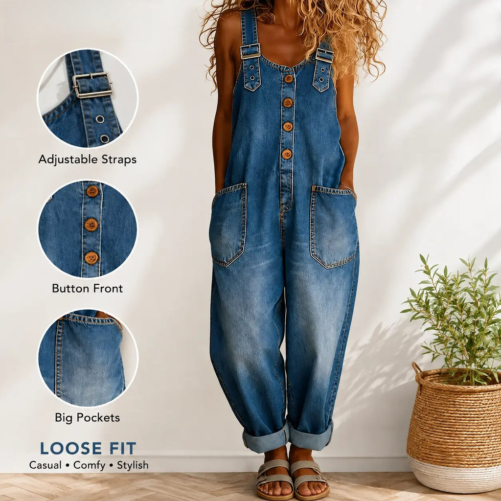 Women’s Loose Fit Denim Overalls – Adjustable Strap Button Front Jumpsuit with Large Pockets