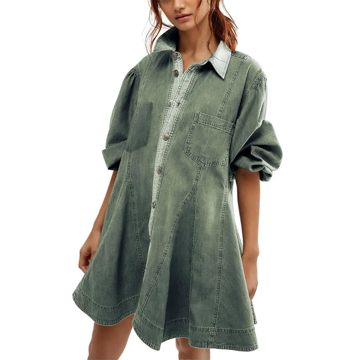 Women’s Washed Denim Shirt Dress – Puff Sleeve Button Front Babydoll Mini Dress with Patch Pockets