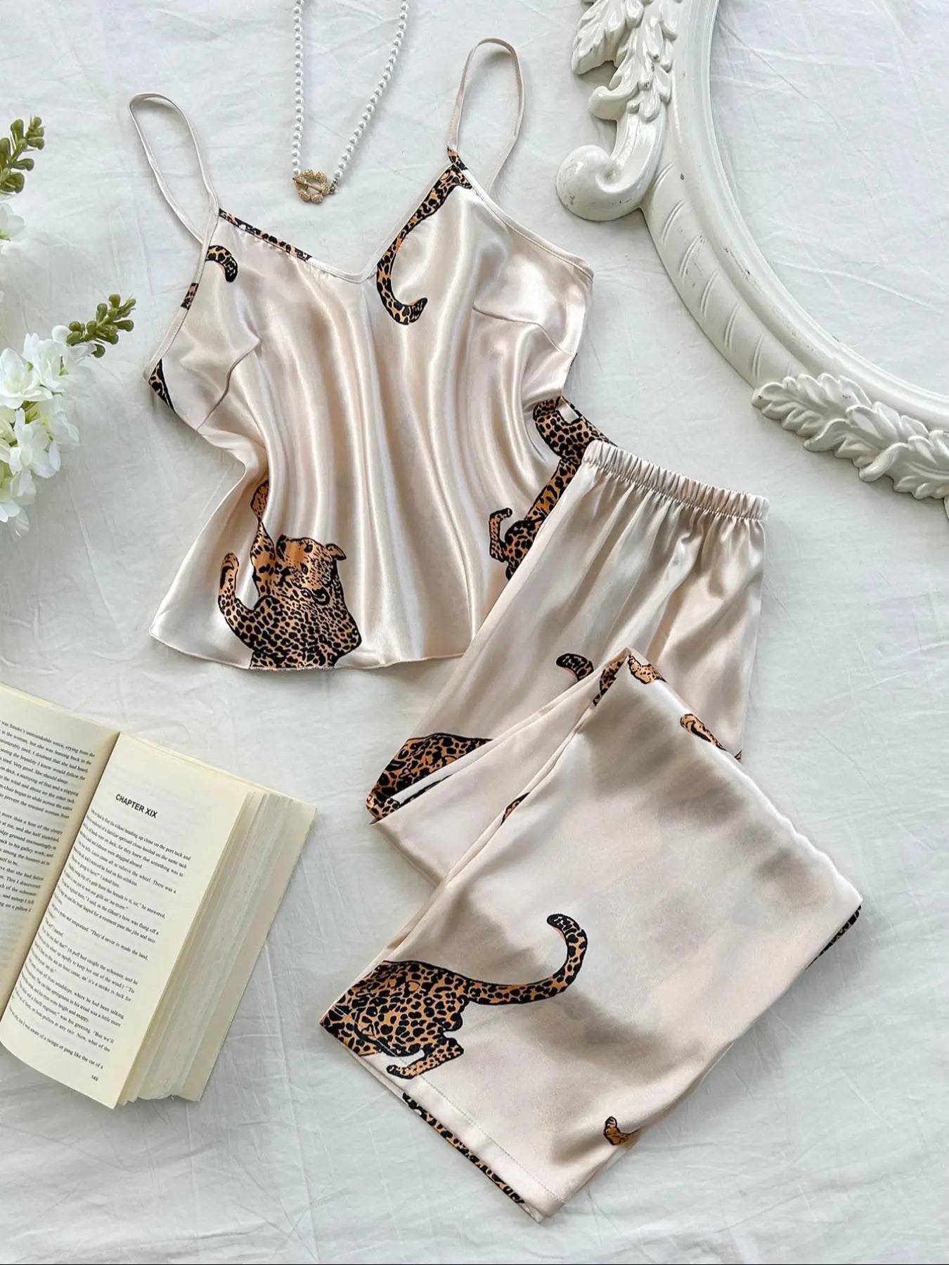 Women's Satin Leopard Pajama Set – Elegant Cami Lounge Set for Cozy Nights