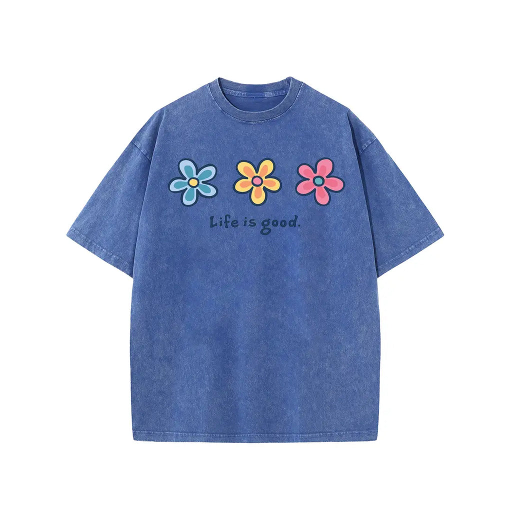 Life Is Good Daisy Tee 🌼 – Vintage Wash Oversized T-Shirt