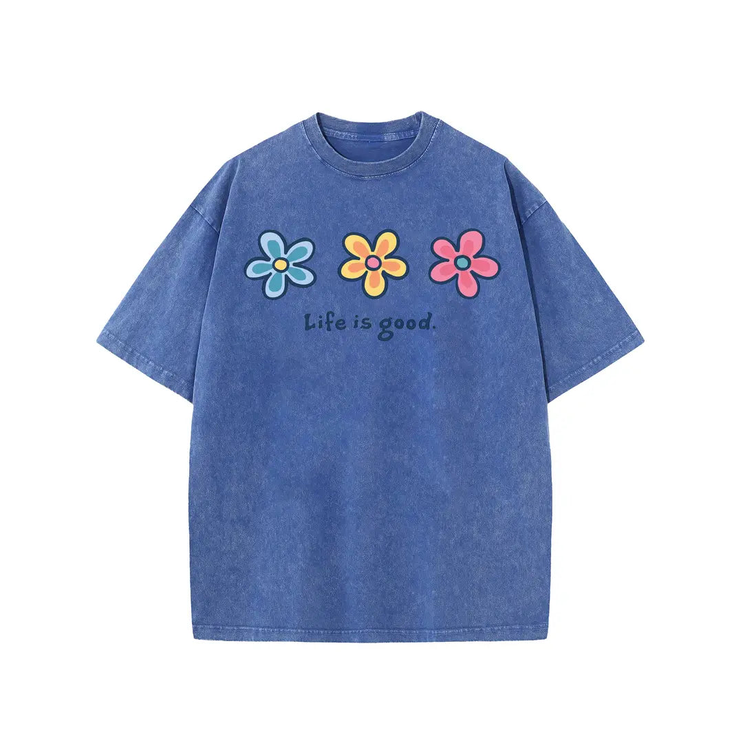 Life Is Good Daisy Tee 🌼 – Vintage Wash Oversized T-Shirt