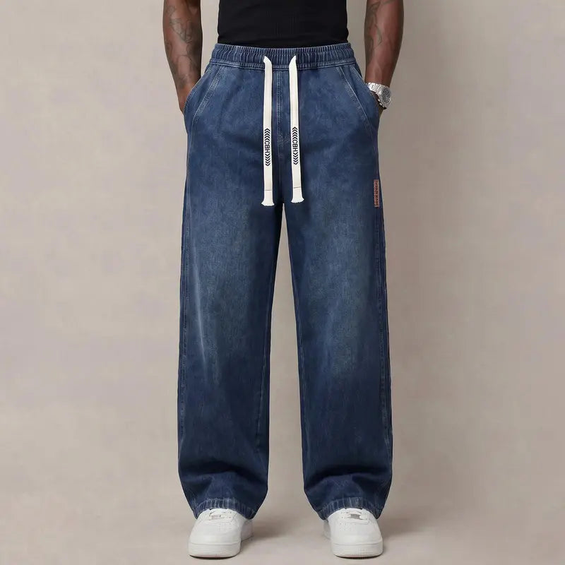 Men's Baggy Drawstring Jeans – Vintage Washed Wide Leg Denim Pants