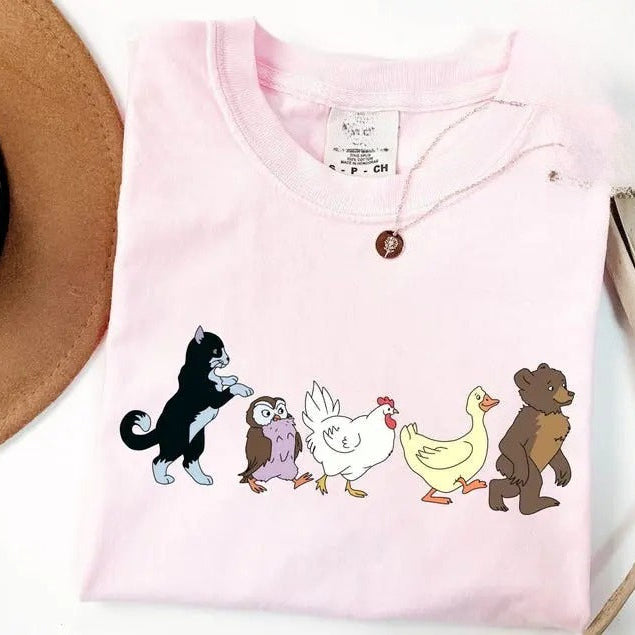 Cute Animal Parade T-Shirt/Sweatshirt/Hoodie – Little Bear Cat Owl Chicken Duck Graphic Tee, Cottagecore Animal Lover Shirt