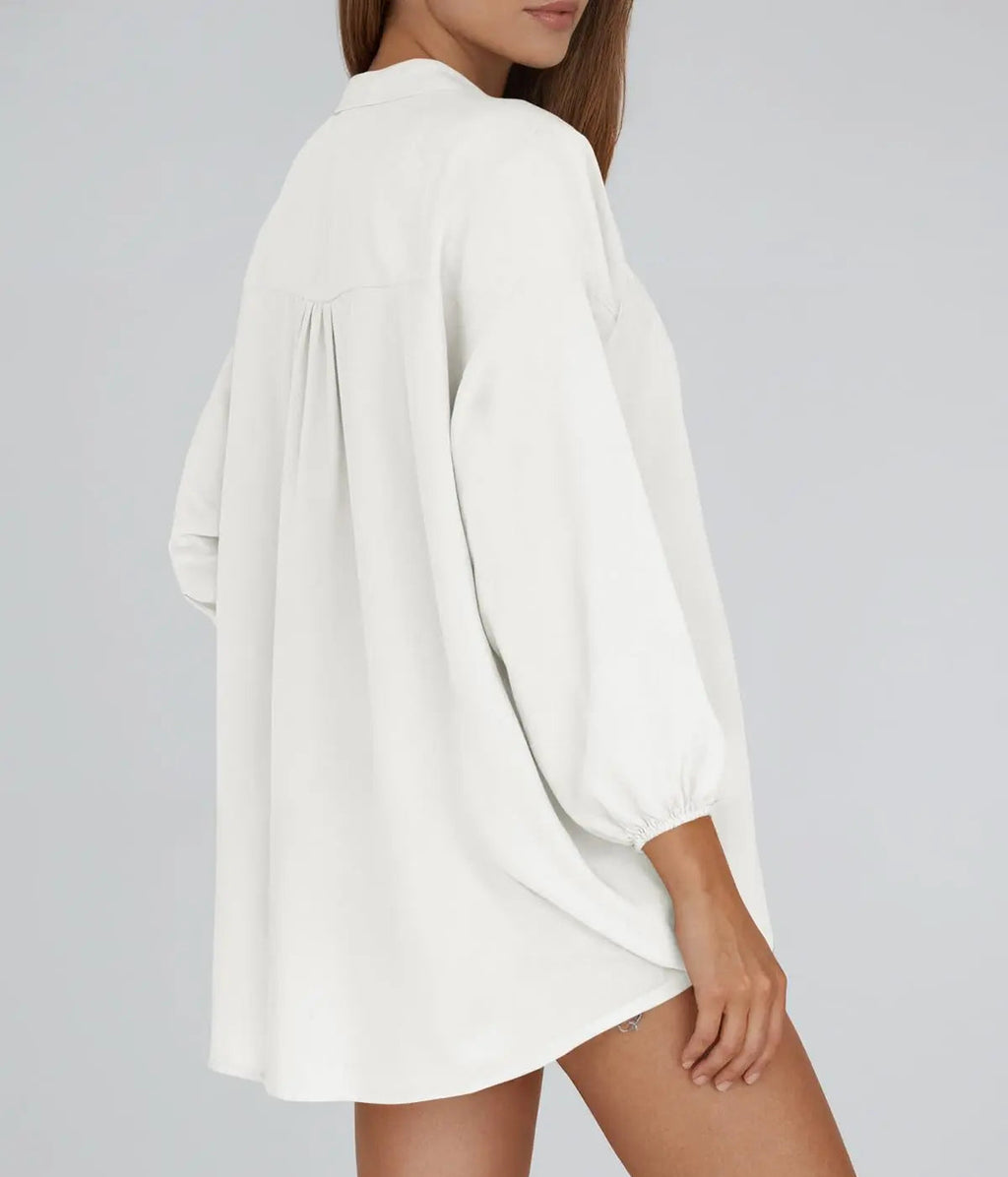 Women’s V Neck Button Down Blouse – 3/4 Sleeve Loose Fit High Low Hem Casual Tunic Top