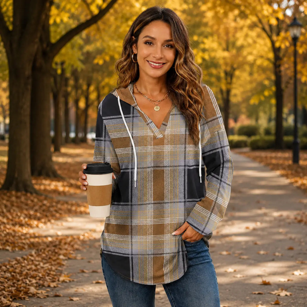 Women's Plaid Hooded Pullover – Casual Long Sleeve Fall Top