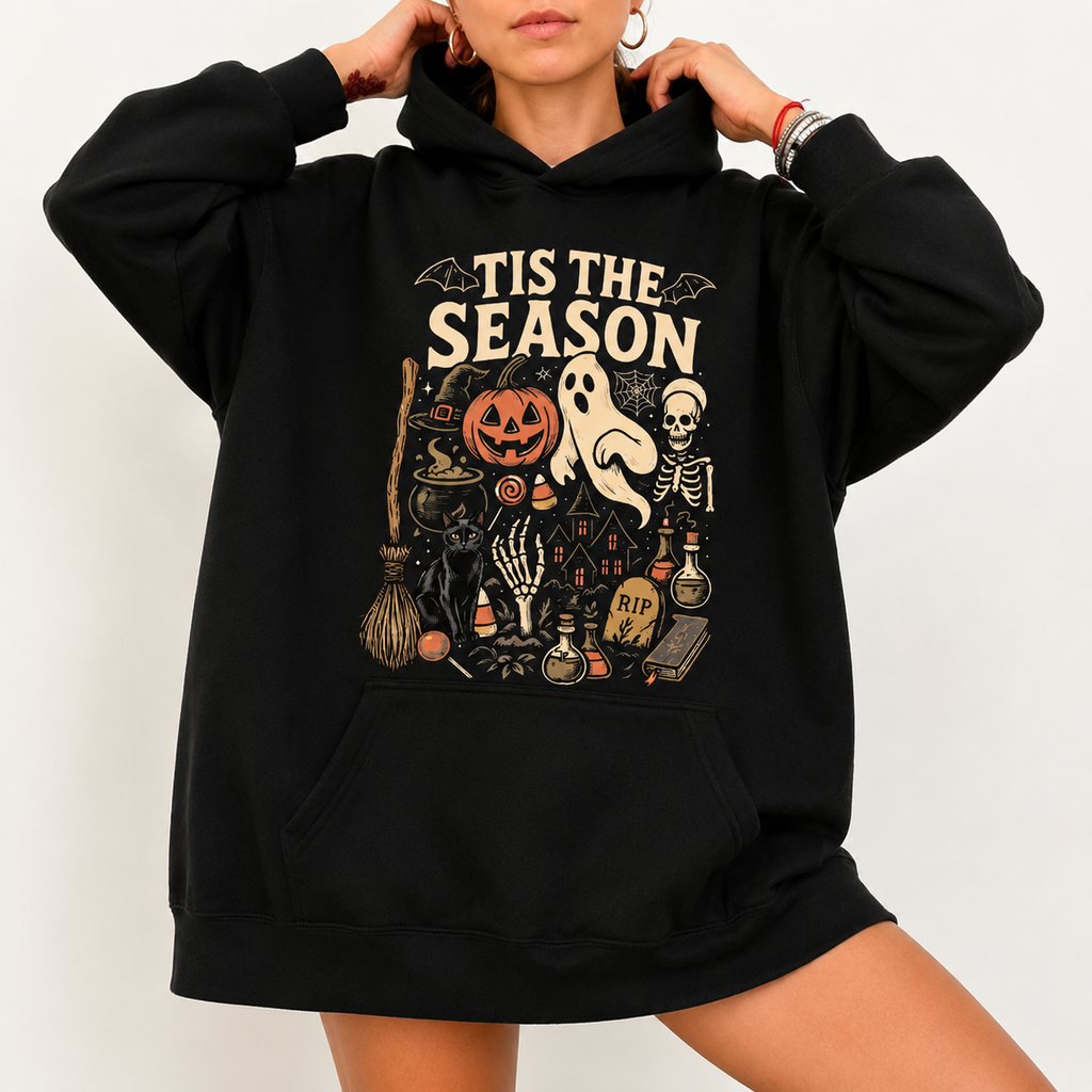 Tis the Season Halloween Shirt/Sweatshirt/Hoodie – Vintage Ghost Pumpkin Black Cat Graphic Tee, Spooky Fall T-Shirt