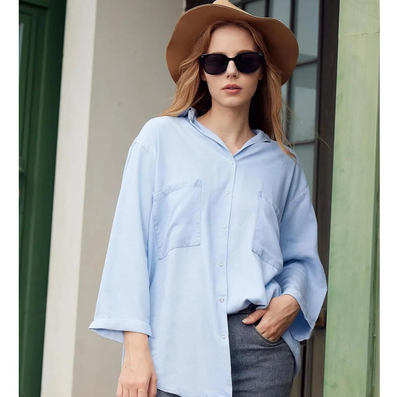 Women’s Tencel Chambray Denim Shirt – Oversized Button Down 3/4 Sleeve Top with Pockets