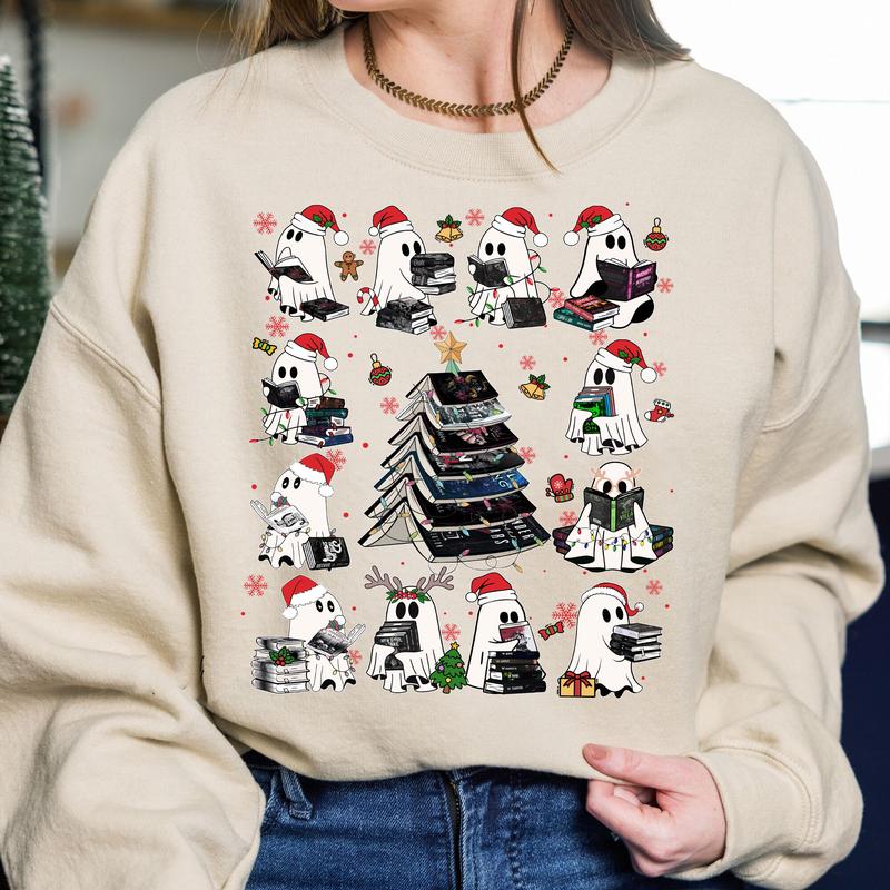 Christmas Book Ghosts T-Shirt, Ghost Reading Dark Romance Book Sweatshirt, Book Lover Xmas Gift, Spicy Book Hoodie, Smut Reader Tee