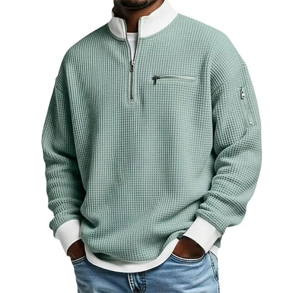 Men's Waffle Knit Quarter-Zip Pullover – Contrast Collar Casual Sweatshirt