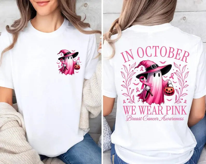 In October We Wear Pink Ghost Shirt/Sweatshirt/Hoodie – Breast Cancer Awareness Halloween Graphic Tee