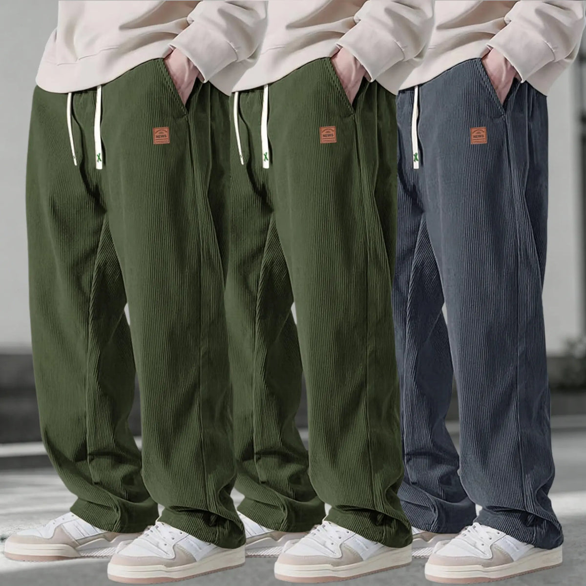 Men’s 3-Pack Corduroy Pants – Loose Fit Drawstring Casual Straight Leg Trousers