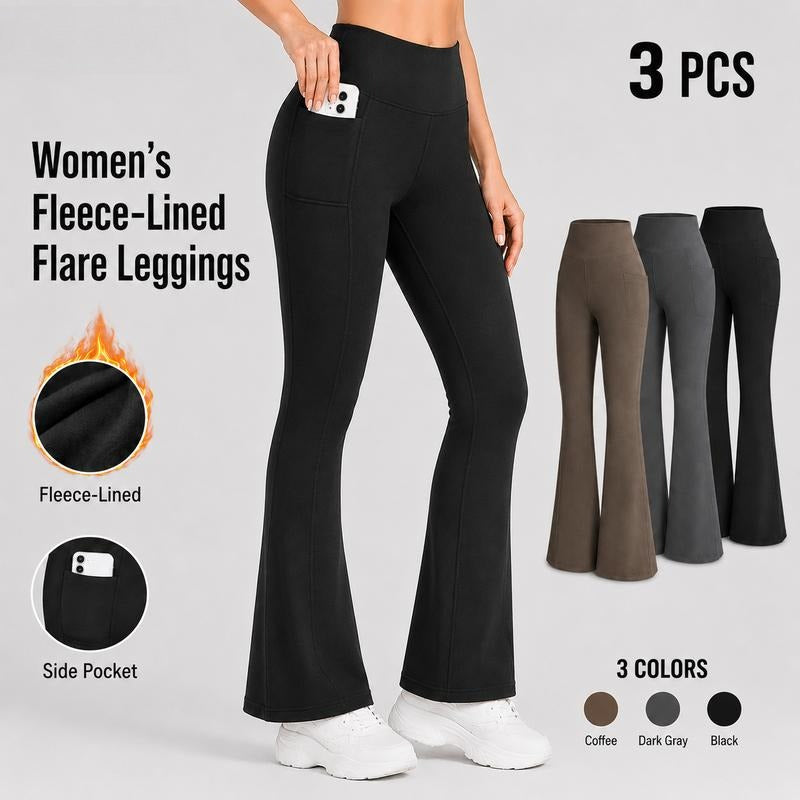 Women's Fleece-Lined Flare Leggings – High-Waisted Warm Pants with Pockets