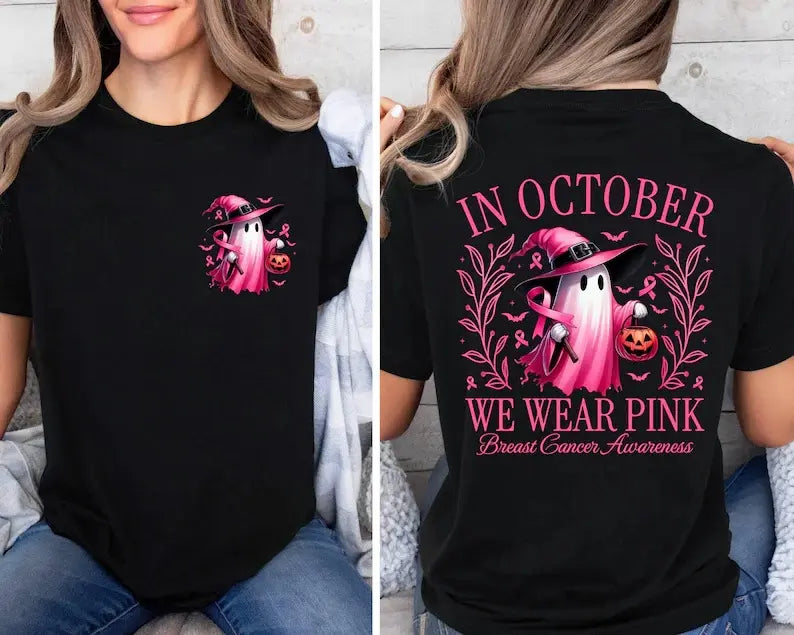 In October We Wear Pink Ghost Shirt/Sweatshirt/Hoodie – Breast Cancer Awareness Halloween Graphic Tee