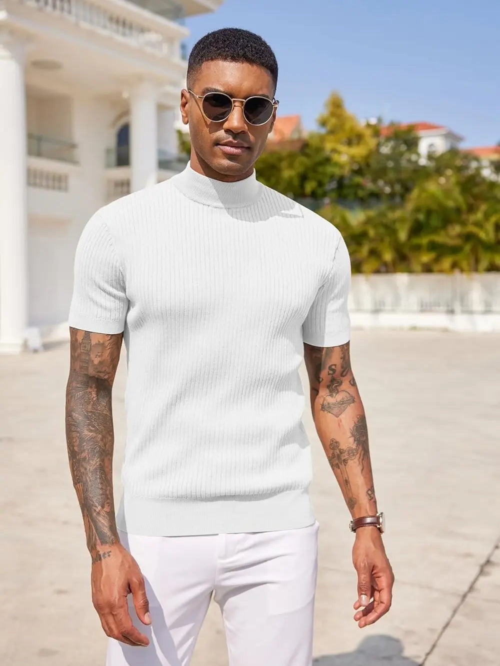 Men's Ribbed Mock Neck T-Shirt – Minimalist Short Sleeve Knit Top