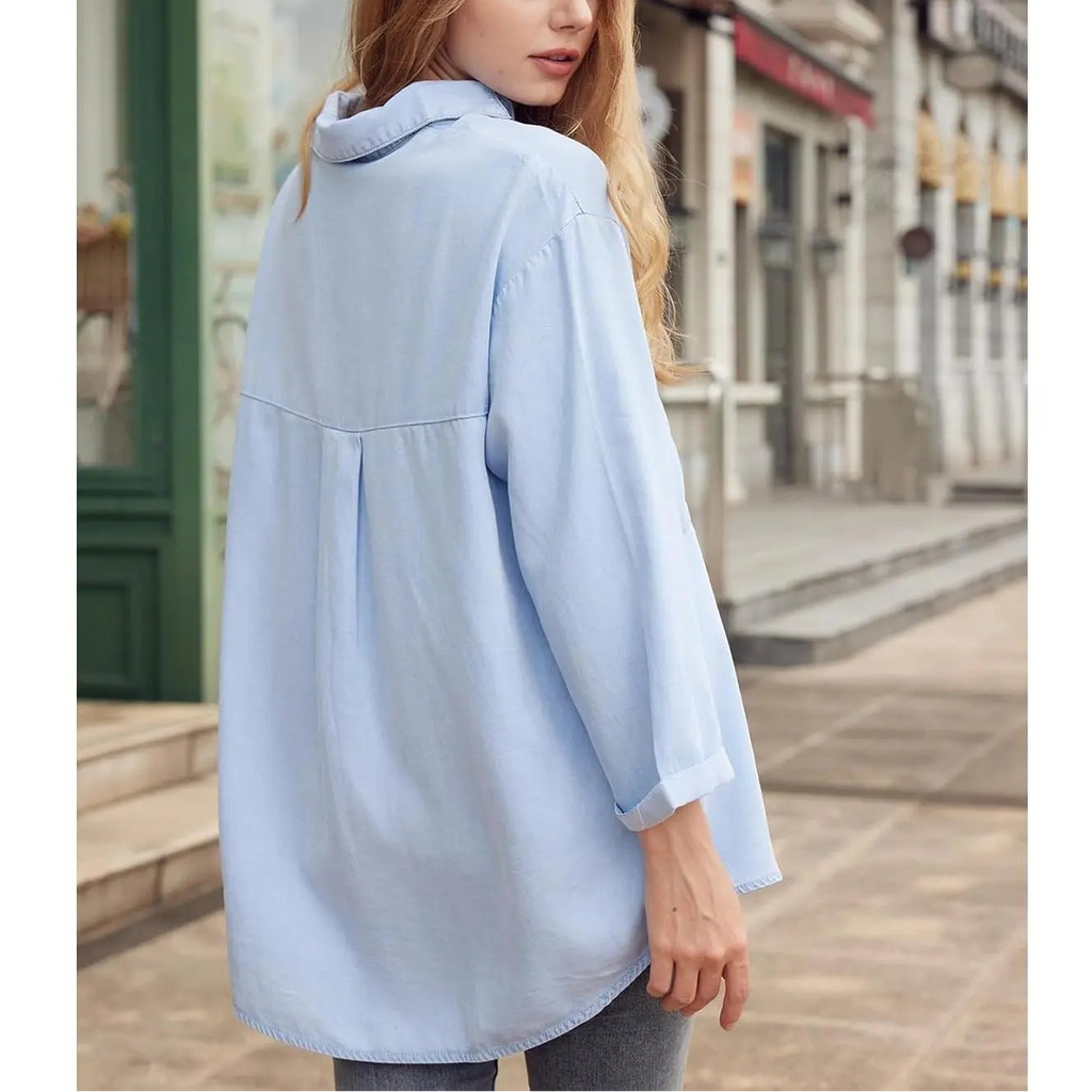 Women’s Tencel Chambray Denim Shirt – Oversized Button Down 3/4 Sleeve Top with Pockets