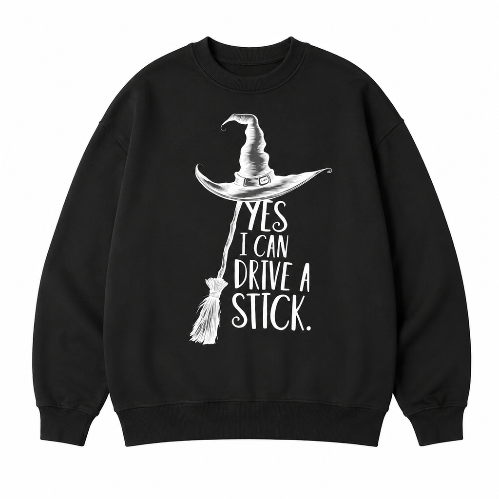 Funny Witch Graphic T-Shirt/Sweatshirt/Hoodie – Yes I Can Drive A Stick Halloween Tee