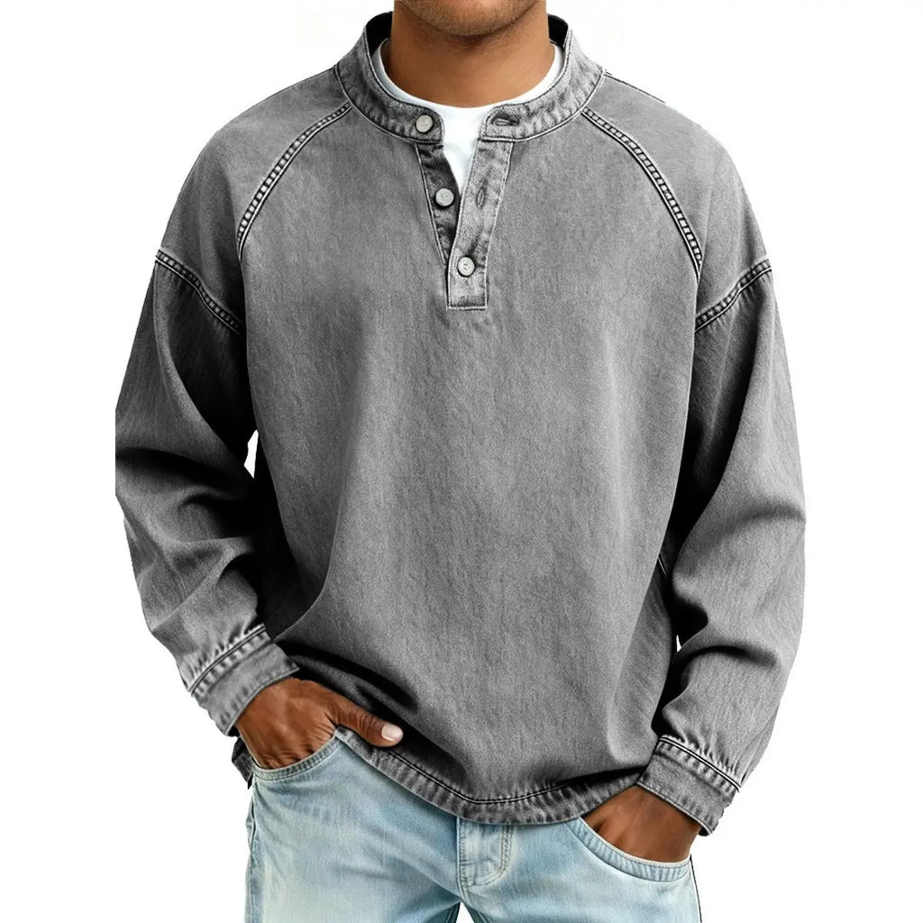 Men’s Vintage Washed Henley Pullover – 3-Button Long Sleeve Relaxed Fit Casual Shirt