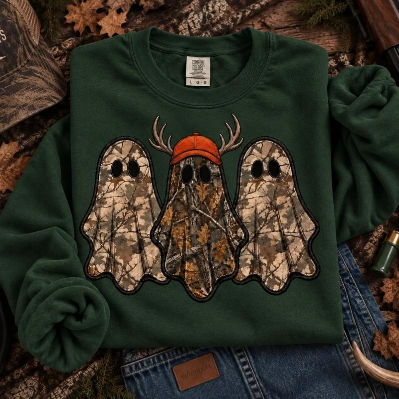 Camo Ghost Hunting Halloween Printed Sweatshirt/Hoodie/T-shirt – Vintage Hunting Season Graphic Crewneck