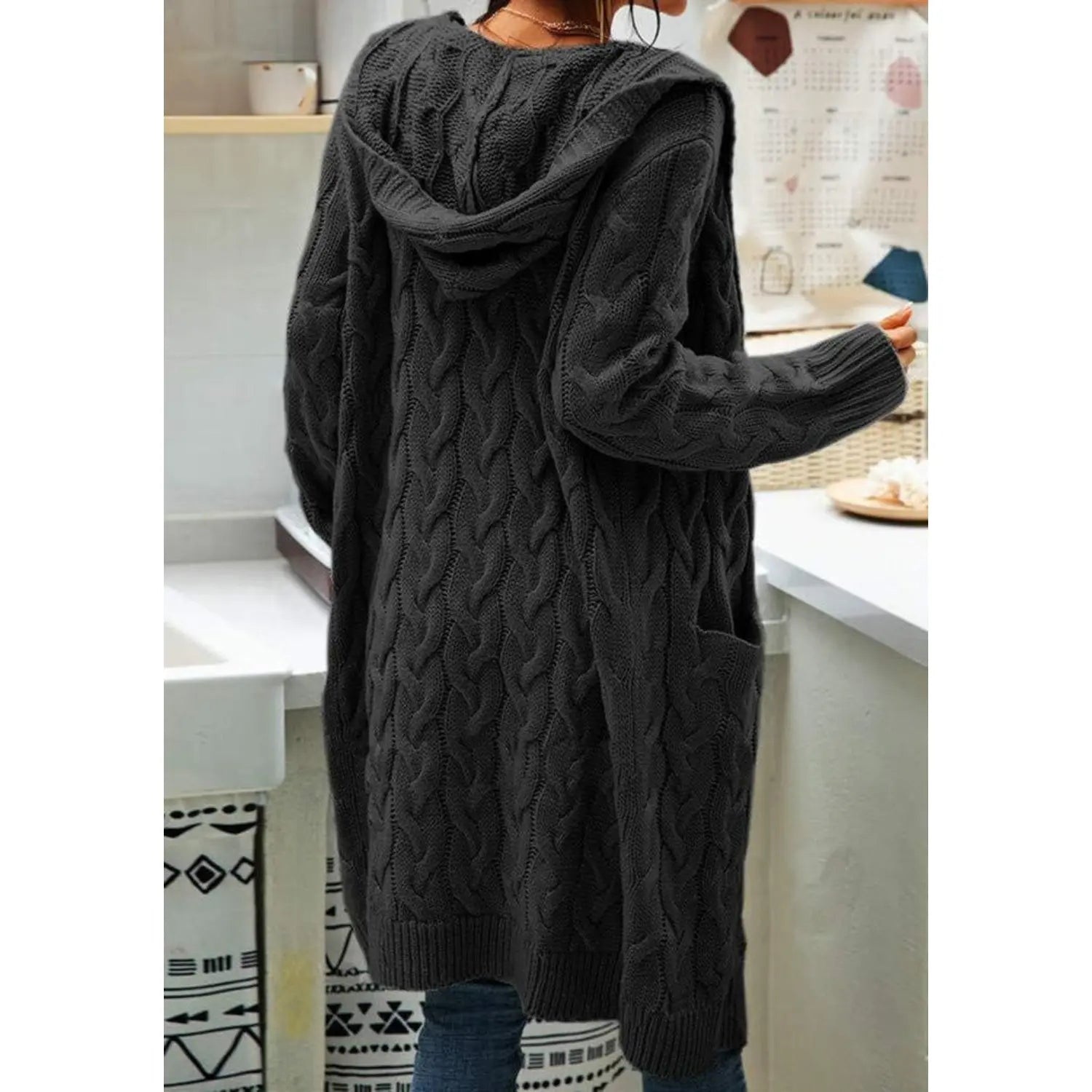 Women's Cozy Cable Knit Hooded Cardigan – Long Open Front Sweater with Pockets