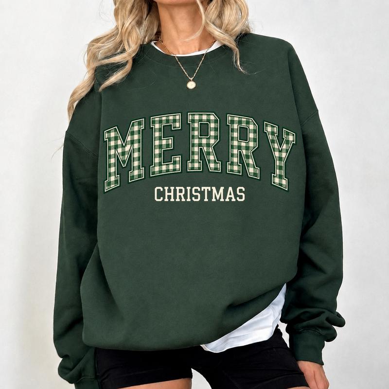 Merry Christmas Plaid Varsity Sweatshirt/Hoodie/T-Shirt – Vintage Green Oversized Holiday Crewneck