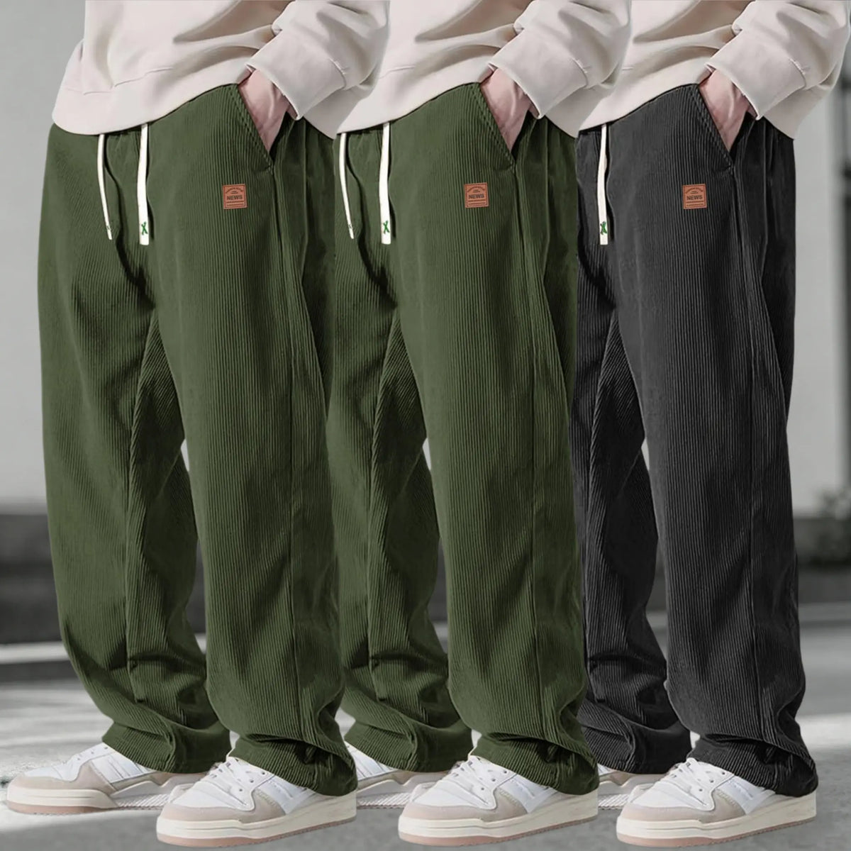 Men’s 3-Pack Corduroy Pants – Loose Fit Drawstring Casual Straight Leg Trousers