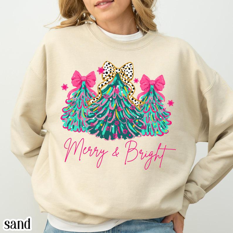 Christmas Sweatshirt Merry & Bright Xmas Tree, Pink Holiday Pullover with Festive Bow and Lights, Cute Jolly Tee, Merry Christmas Mom Crewneck Apparel Cotton