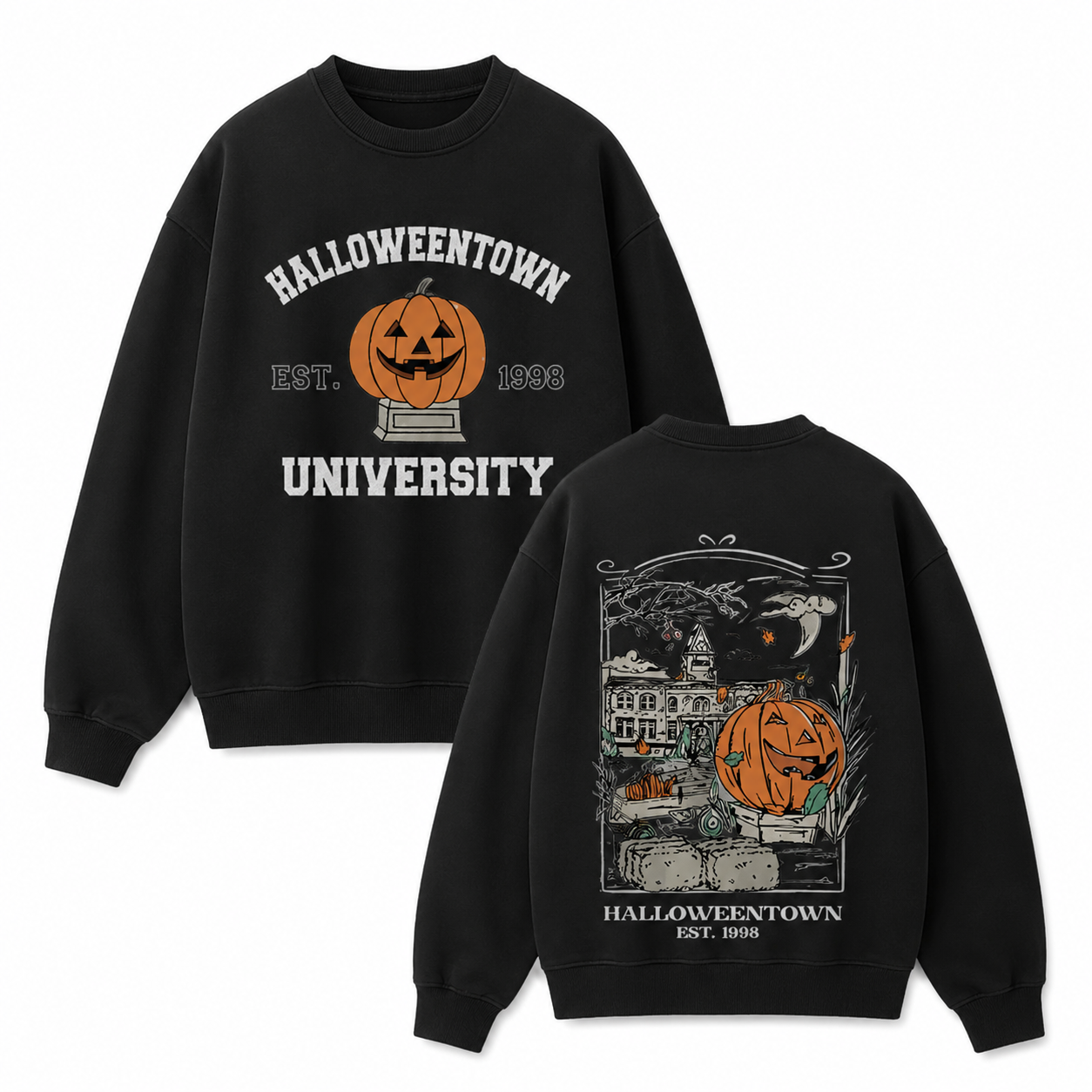 Halloweentown University Vintage Halloween T-Shirt/Sweatshirt/Hoodie – Pumpkin Front & Back Graphic Washed Tee