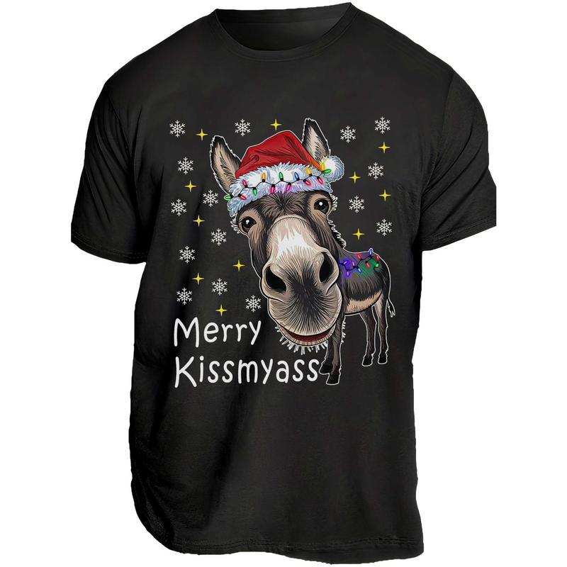 Men's Funny Donkey Santa Hat and MERRY KISSMYASS Christmas Print T-Shirt - Unisex Casual T-Shirt - Adult Humor Holiday Party Outfit