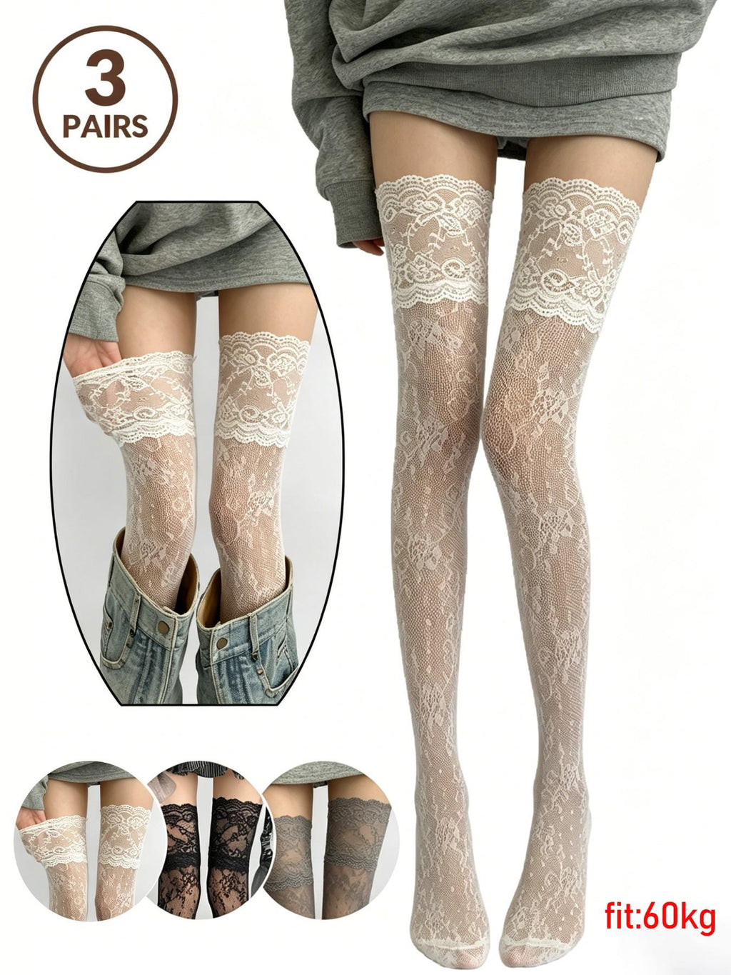 Women's Floral Lace Thigh High Stockings – Sheer Romantic Over-the-Knee Socks(One Size)