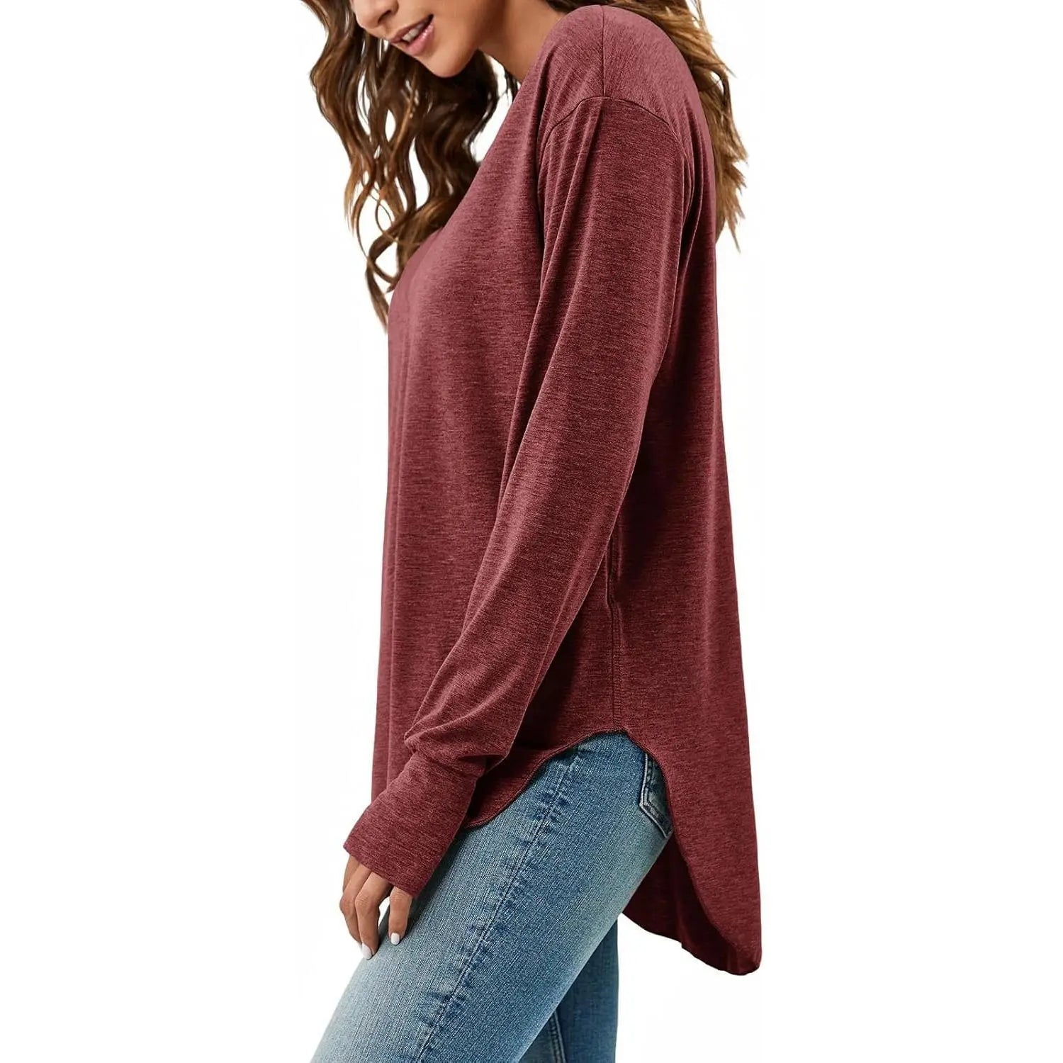 Women’s V Neck Long Sleeve Tunic Top – Loose Fit Curved Hem Casual Basic T-Shirt