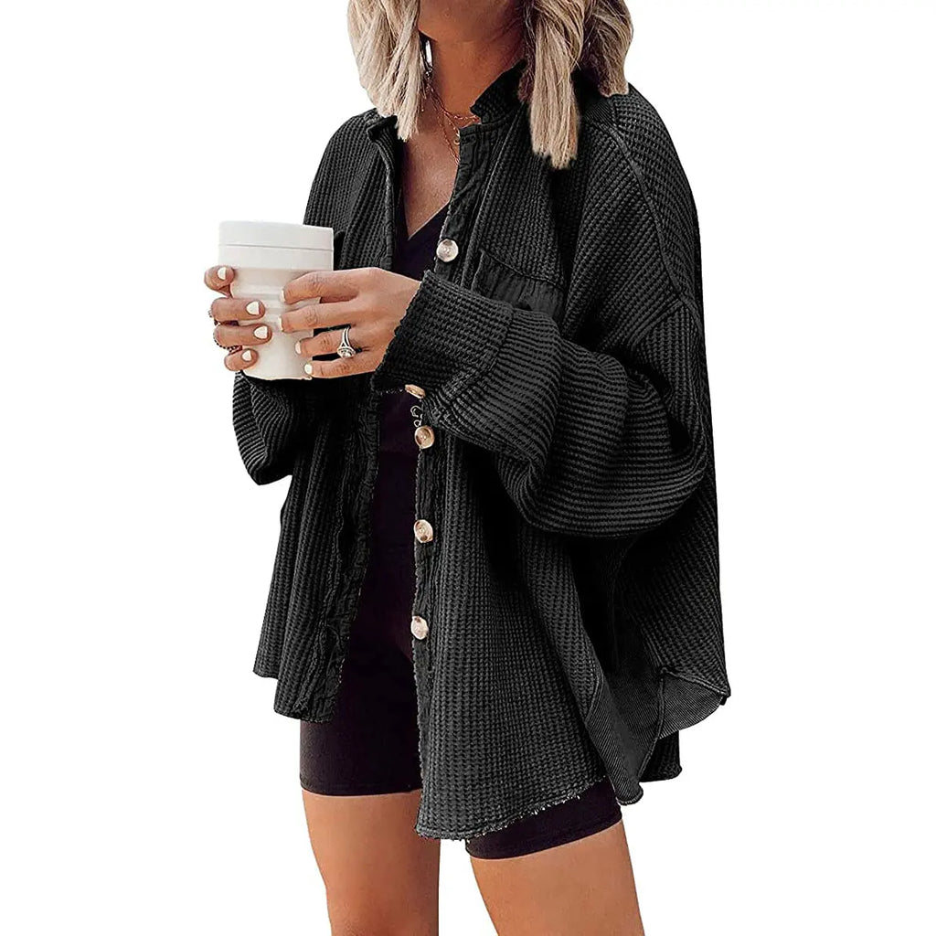 Women's Waffle Knit Oversized Shacket – Relaxed Button Down Layering Top for Fall