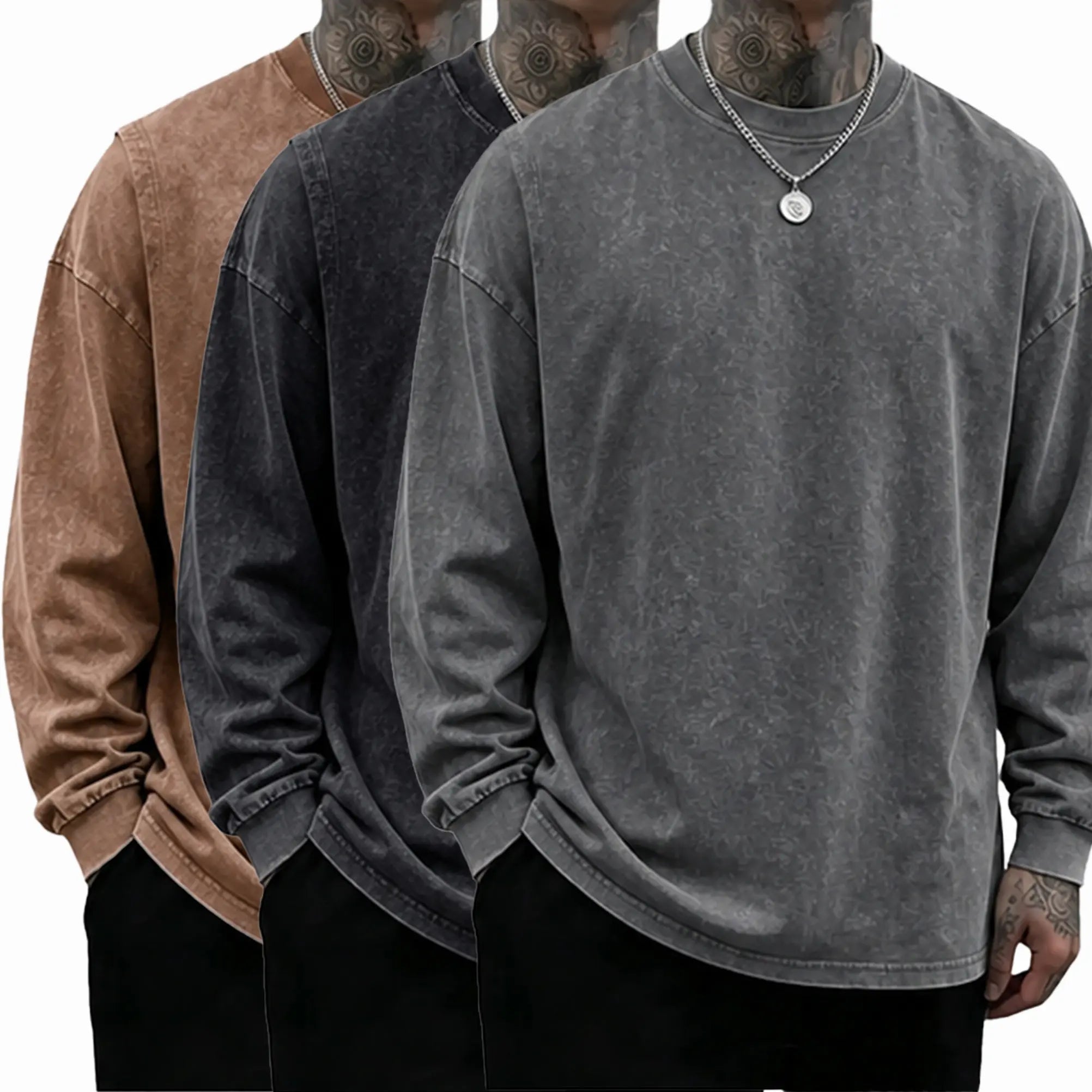 Men’s Vintage Washed Long Sleeve T-Shirt/Sweatshirt/Hoodie – Oversized Crewneck Relaxed Fit Streetwear Tee
