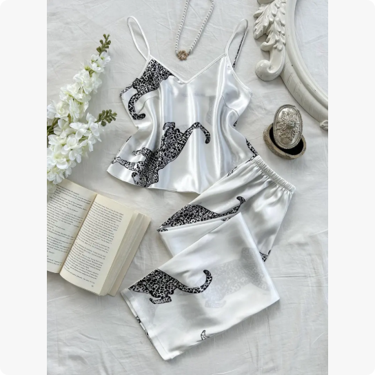 Women's Satin Leopard Pajama Set – Elegant Cami Lounge Set for Cozy Nights