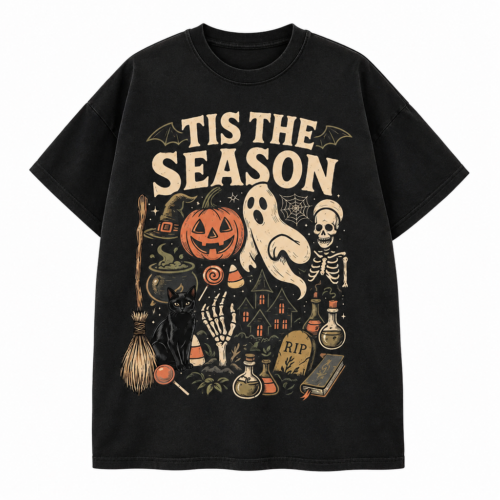 Tis the Season Halloween Shirt/Sweatshirt/Hoodie – Vintage Ghost Pumpkin Black Cat Graphic Tee, Spooky Fall T-Shirt