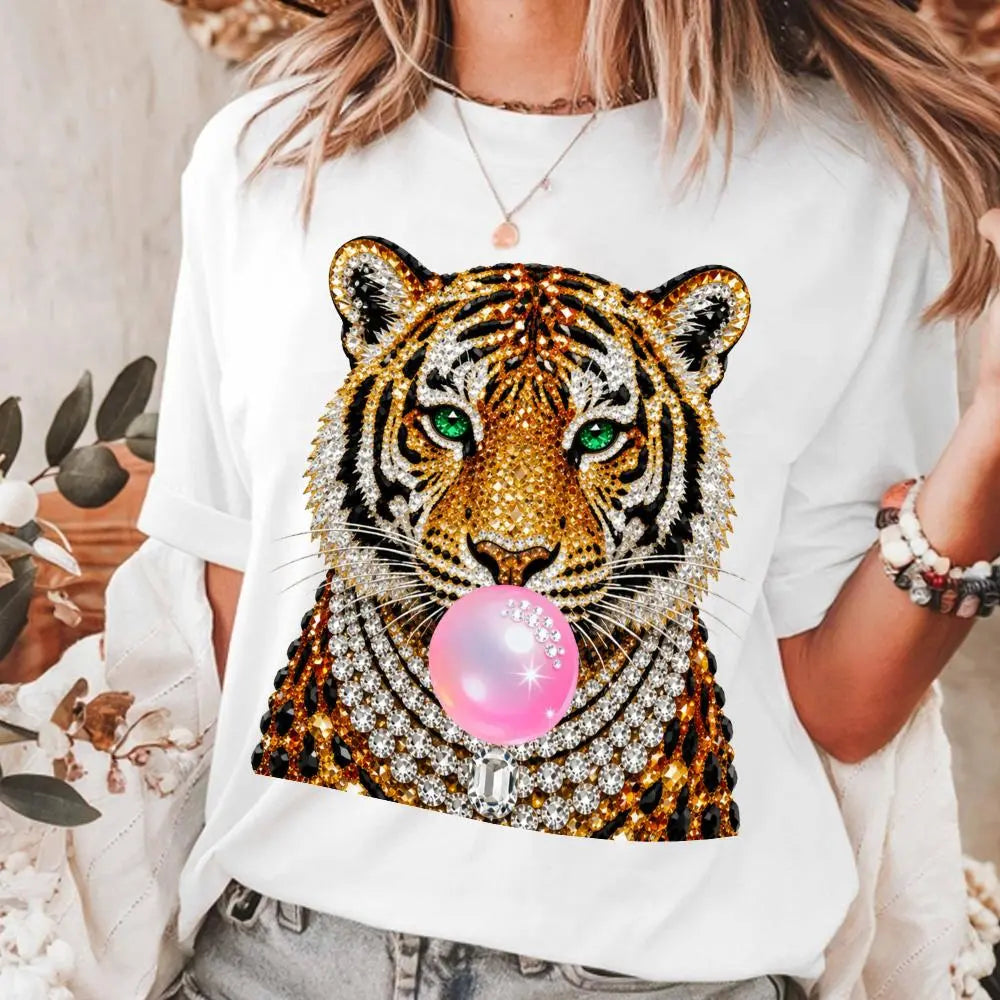 Glam Tiger Bubble Gum T-Shirt/Sweatshirt/Hoodie – Rhinestone Style Animal Graphic Tee, Y2K Streetwear Top