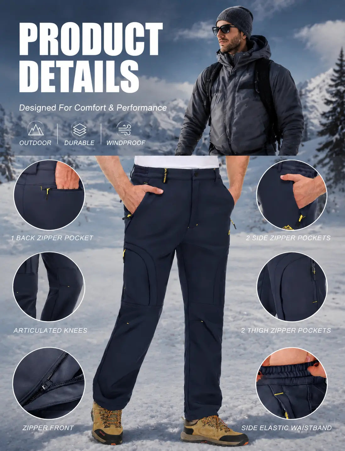 Men’s Fleece-Lined Softshell Hiking Pants – Warm Water-Resistant Winter Outdoor Pants