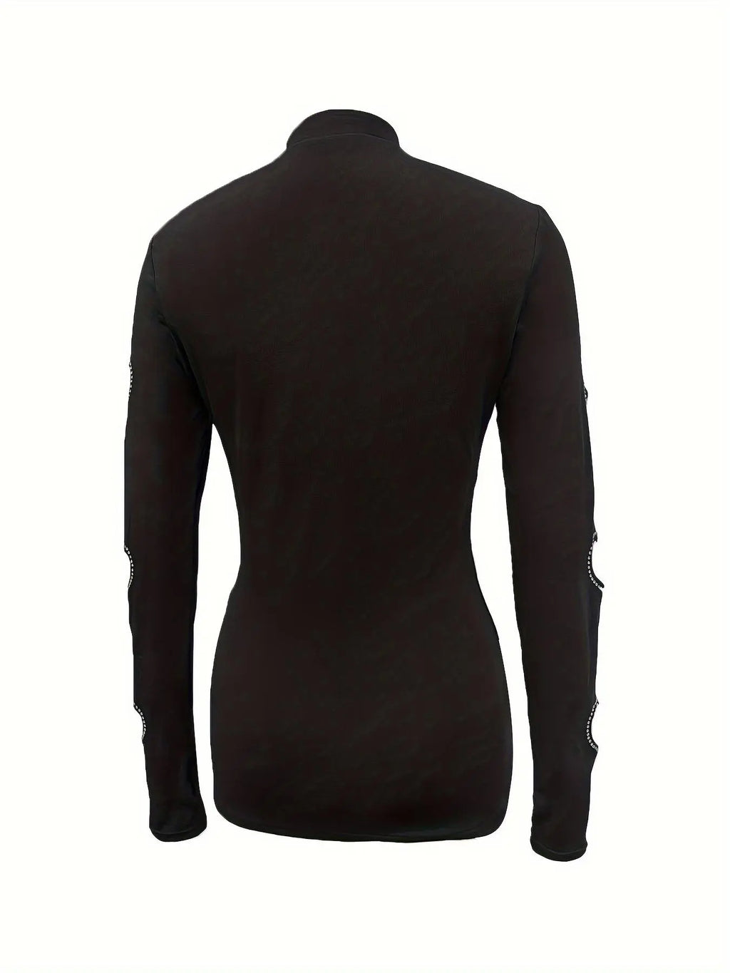 Women’s Rhinestone Heart Cutout Top – Mock Neck Fitted Long Sleeve Shirt