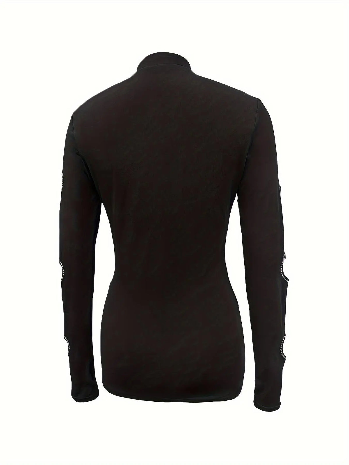 Women’s Rhinestone Heart Cutout Top – Mock Neck Fitted Long Sleeve Shirt