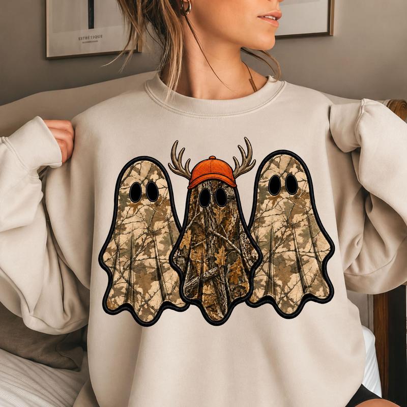 Camo Ghost Hunting Halloween Printed Sweatshirt/Hoodie/T-shirt – Vintage Hunting Season Graphic Crewneck