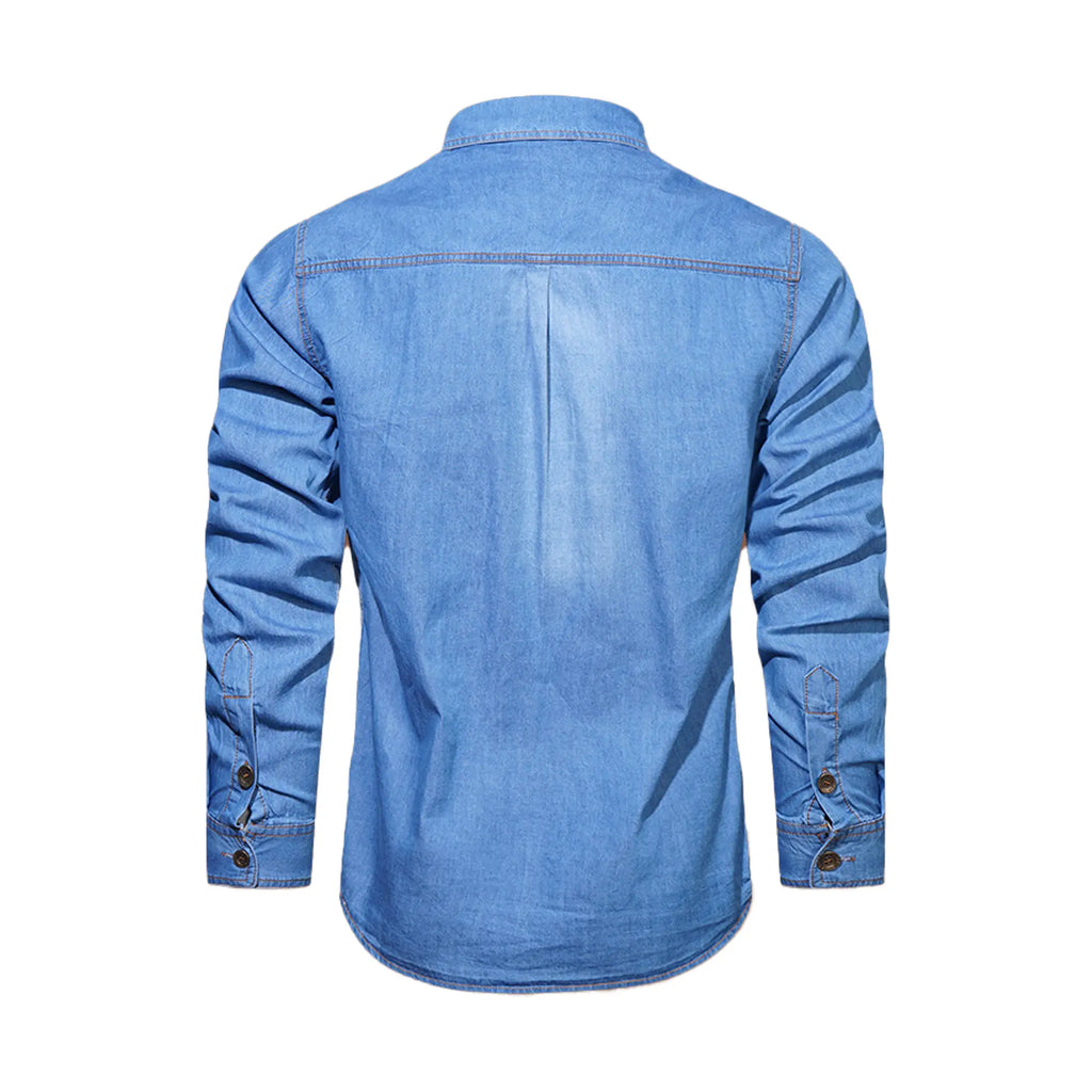 Men's Washed Denim Work Shirt – 100% Cotton Long Sleeve Utility Shirt