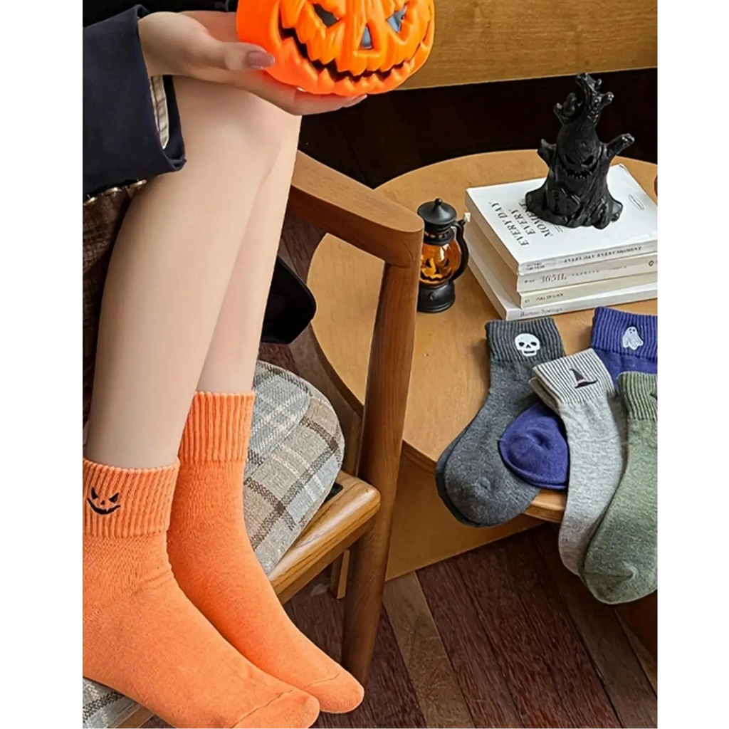 Cute Halloween Embroidered Socks Set | Cozy Fall Pumpkin Ghost Crew Socks