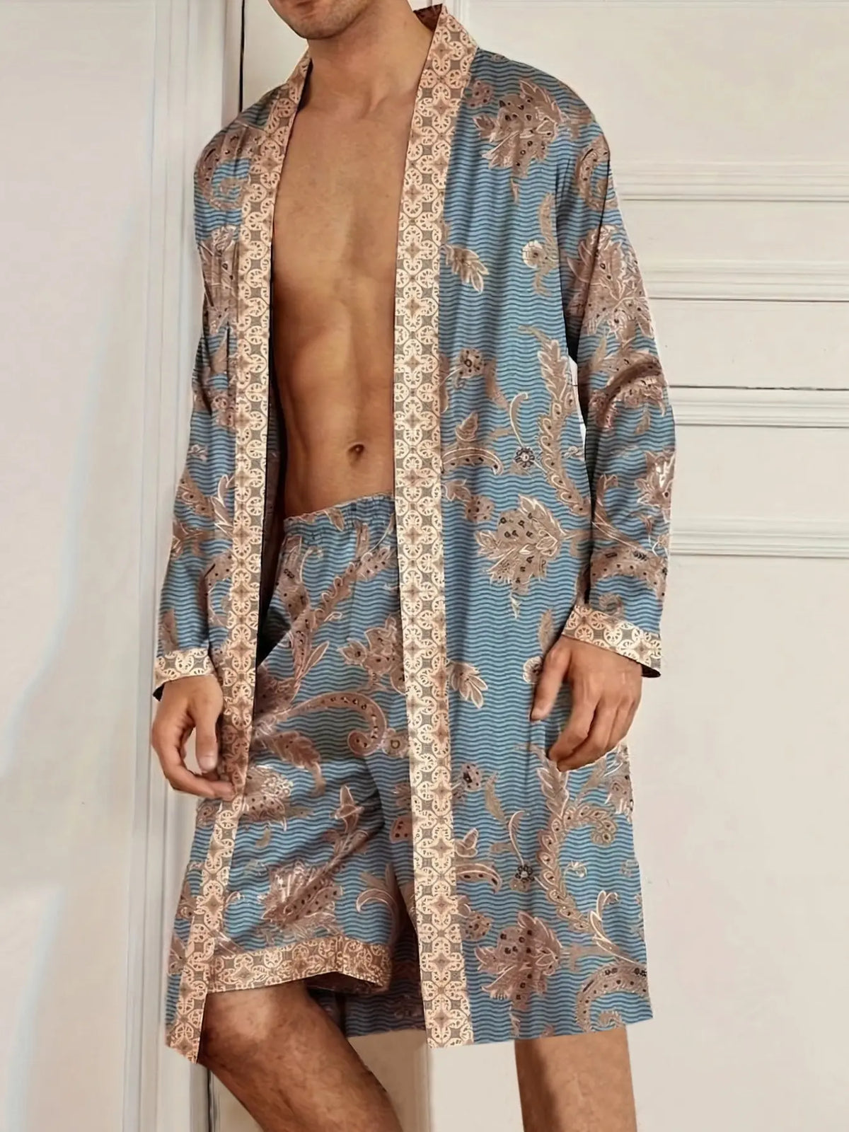 Men’s 2-Piece Printed Robe & Shorts Set – Relaxed Fit Luxury Loungewear