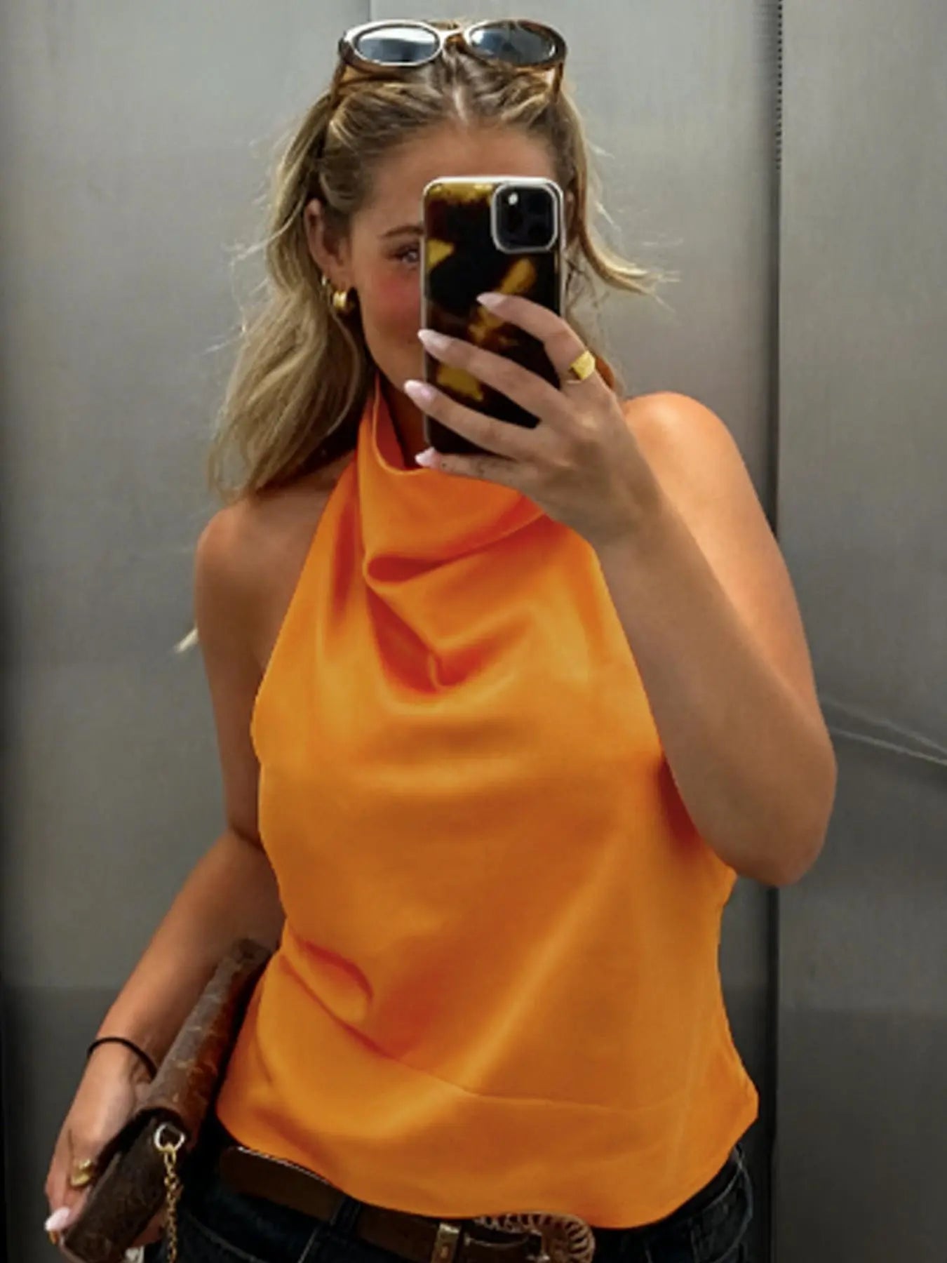 Women's Satin Halter Top – Elegant High Neck Blouse