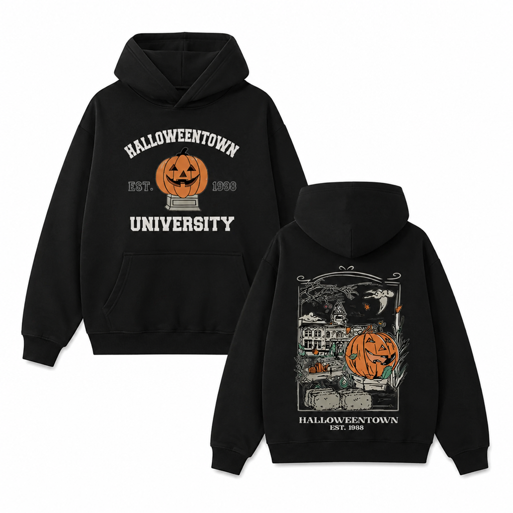 Halloweentown University Vintage Halloween T-Shirt/Sweatshirt/Hoodie – Pumpkin Front & Back Graphic Washed Tee