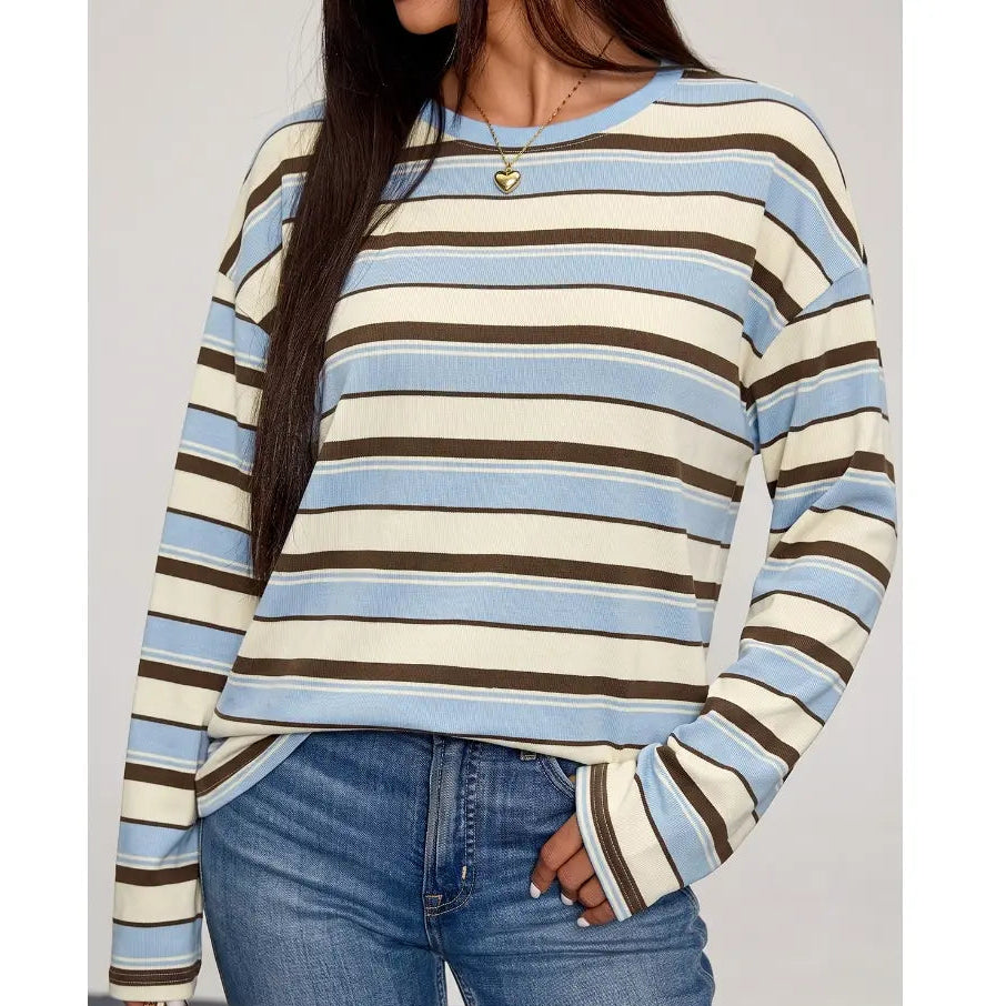 Retro Striped Long Sleeve Top – Women's Relaxed Everyday Tee