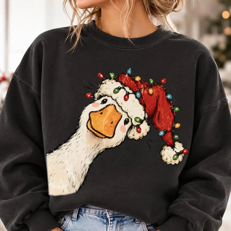 Funny Christmas Goose Sweatshirt/Hoodie/T-Shirt – Cute Santa Hat & Holiday Lights Graphic Crewneck, Festive Green Pullover for Women