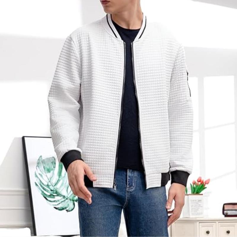 Men's Quilted Bomber Jacket – Black & White Contrast Zip-Up Casual Jacket, Modern Lightweight Streetwear Outerwear