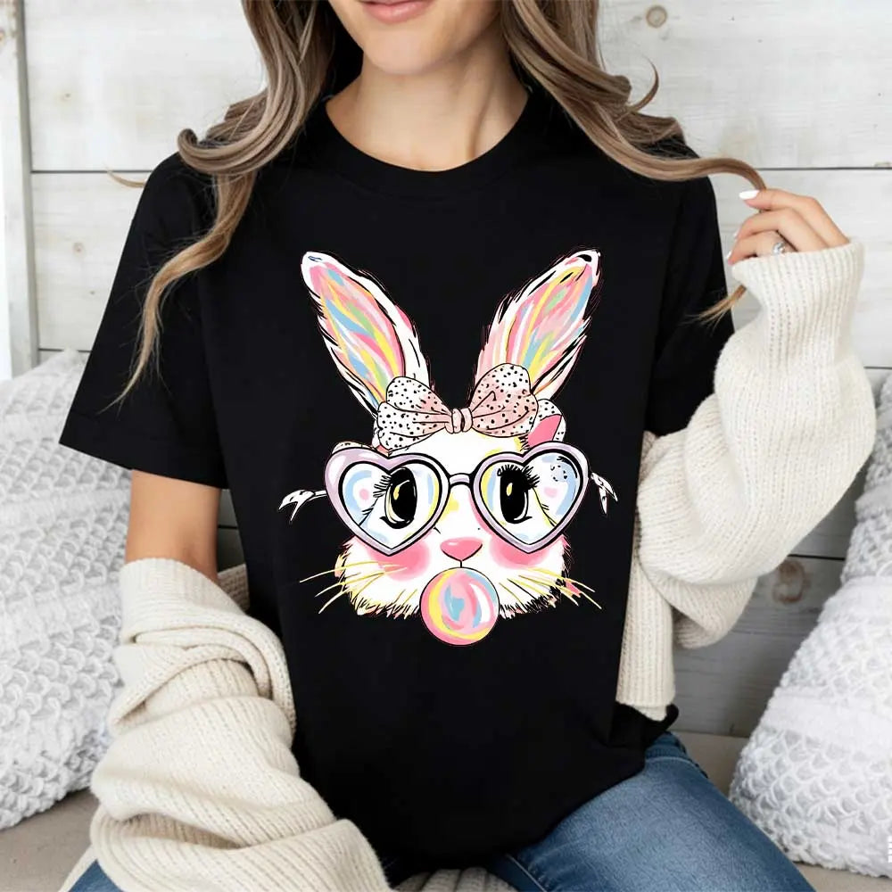 Cute Bunny Rabbit T-Shirt White Colorful Easter Bunny With Heart Glasses And Bubblegum Print For Spring And Holiday Wear