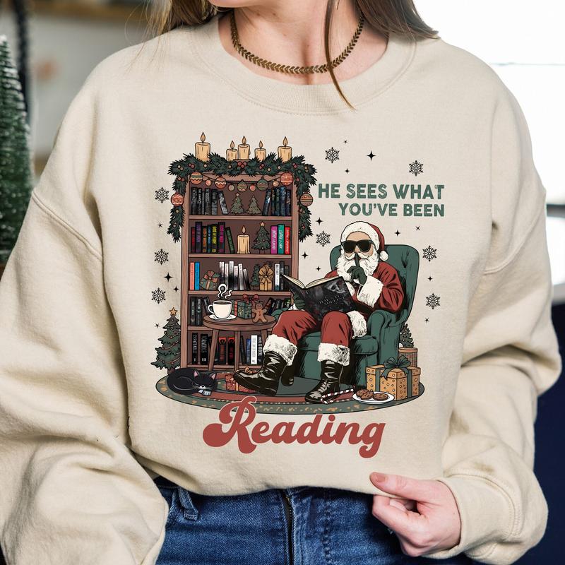 He Sees What You've Been Reading T-Shirt, Santa Reading Dark Romance Book Sweatshirt, Funny Bookish Christmas Hoodie, Smut Reader Gift, Spicy Book Lovers