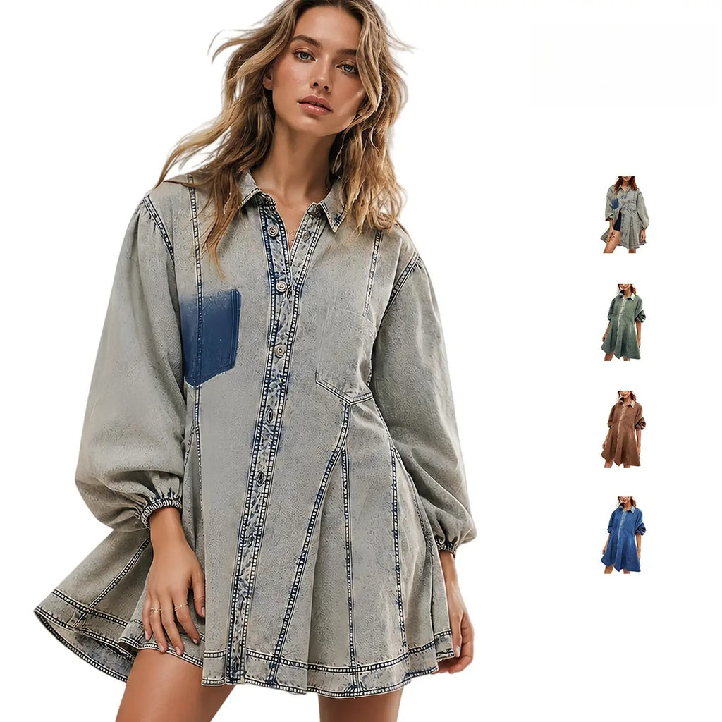 Women’s Washed Denim Shirt Dress – Puff Sleeve Button Front Babydoll Mini Dress with Patch Pockets